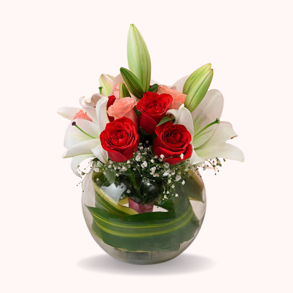 Red Roses & White Lilies Bouquet in Glass Vase