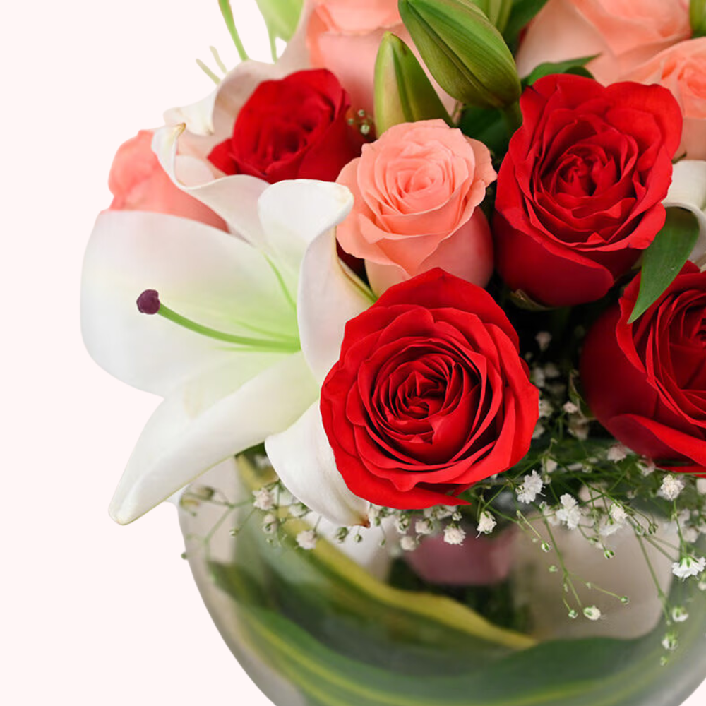 Red Roses & White Lilies Bouquet in Glass Vase