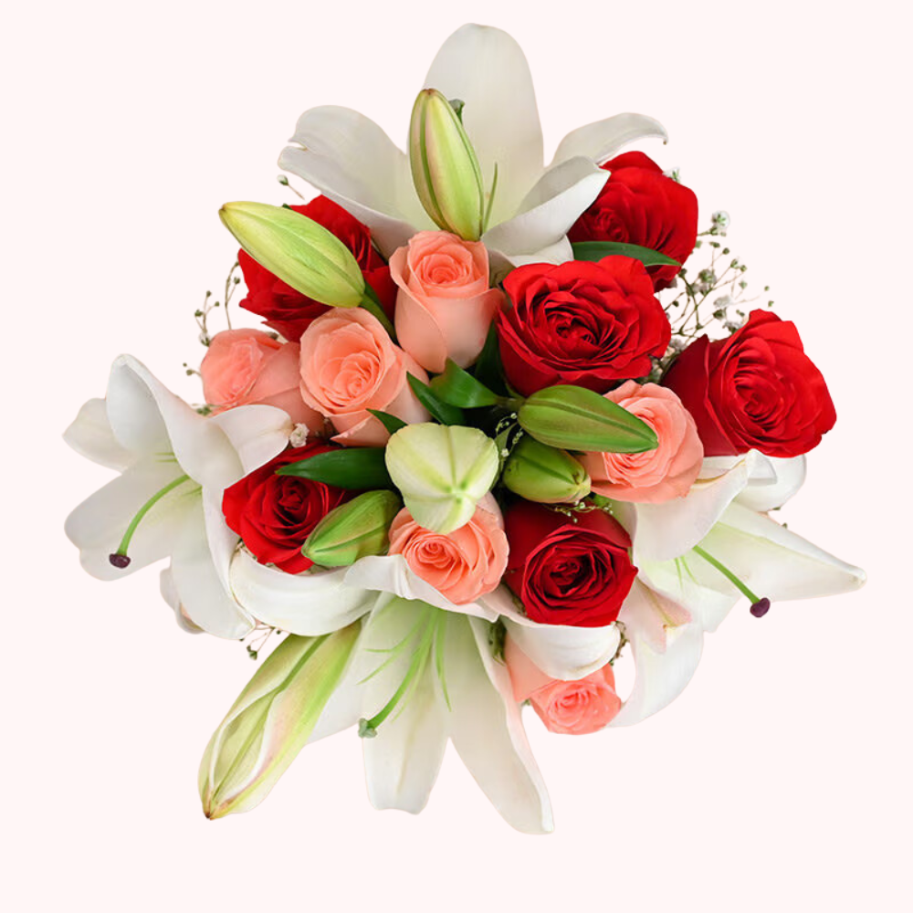 Red Roses & White Lilies Bouquet in Glass Vase