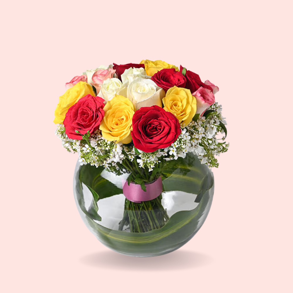 Mixed Rose Bouquet – 20 Premium Roses in Glass Vase