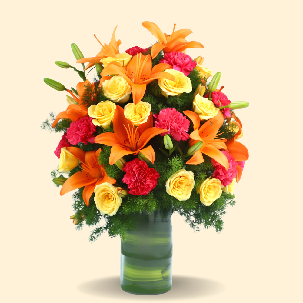 Orange Lilies, Yellow Roses & Pink Carnations Bouquet