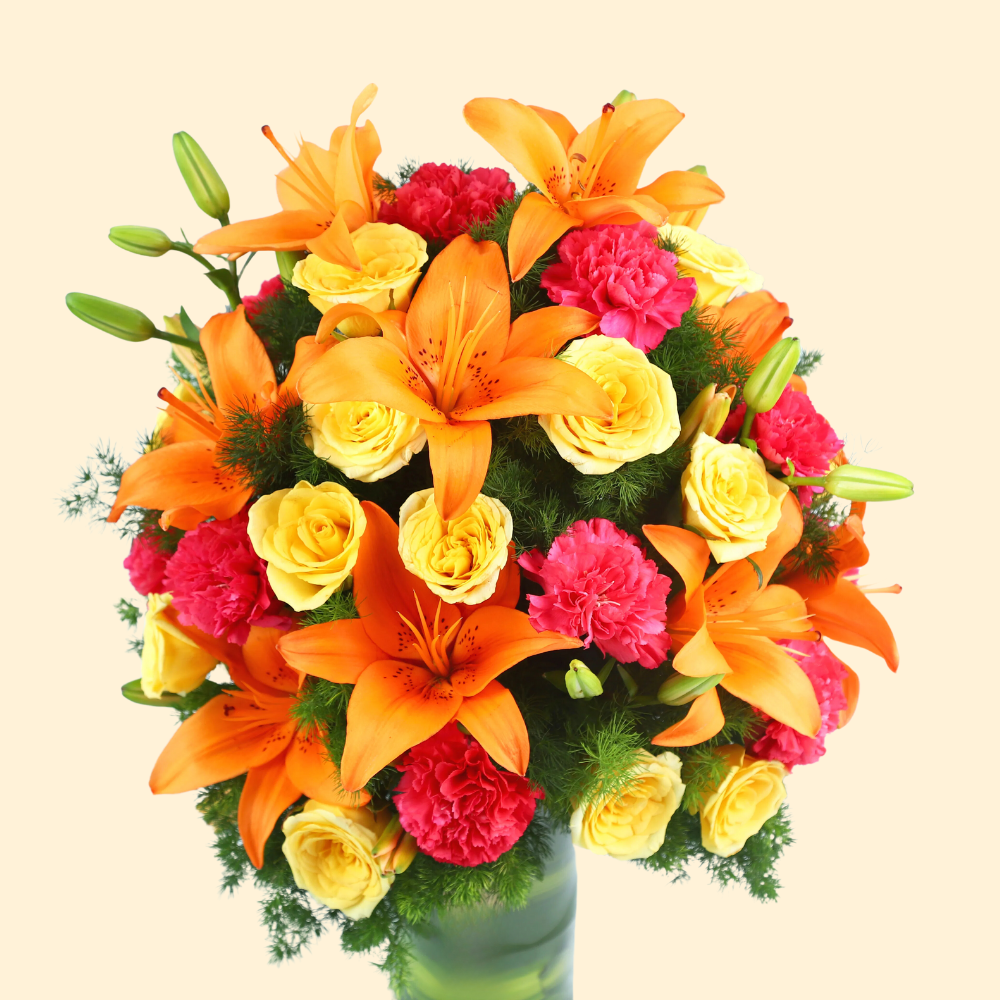 Orange Lilies, Yellow Roses & Pink Carnations Bouquet