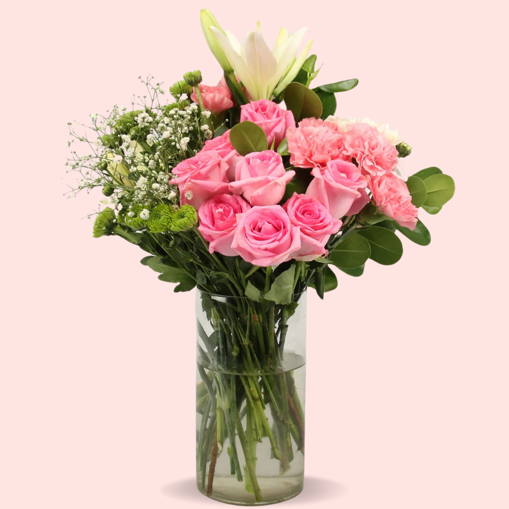 Elegant Pink Roses & White Lily Bouquet