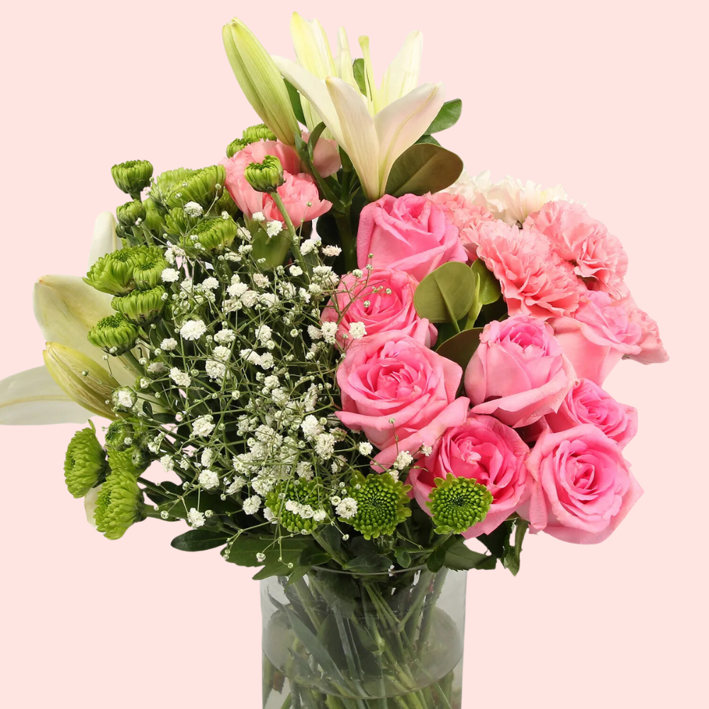 Elegant Pink Roses & White Lily Bouquet
