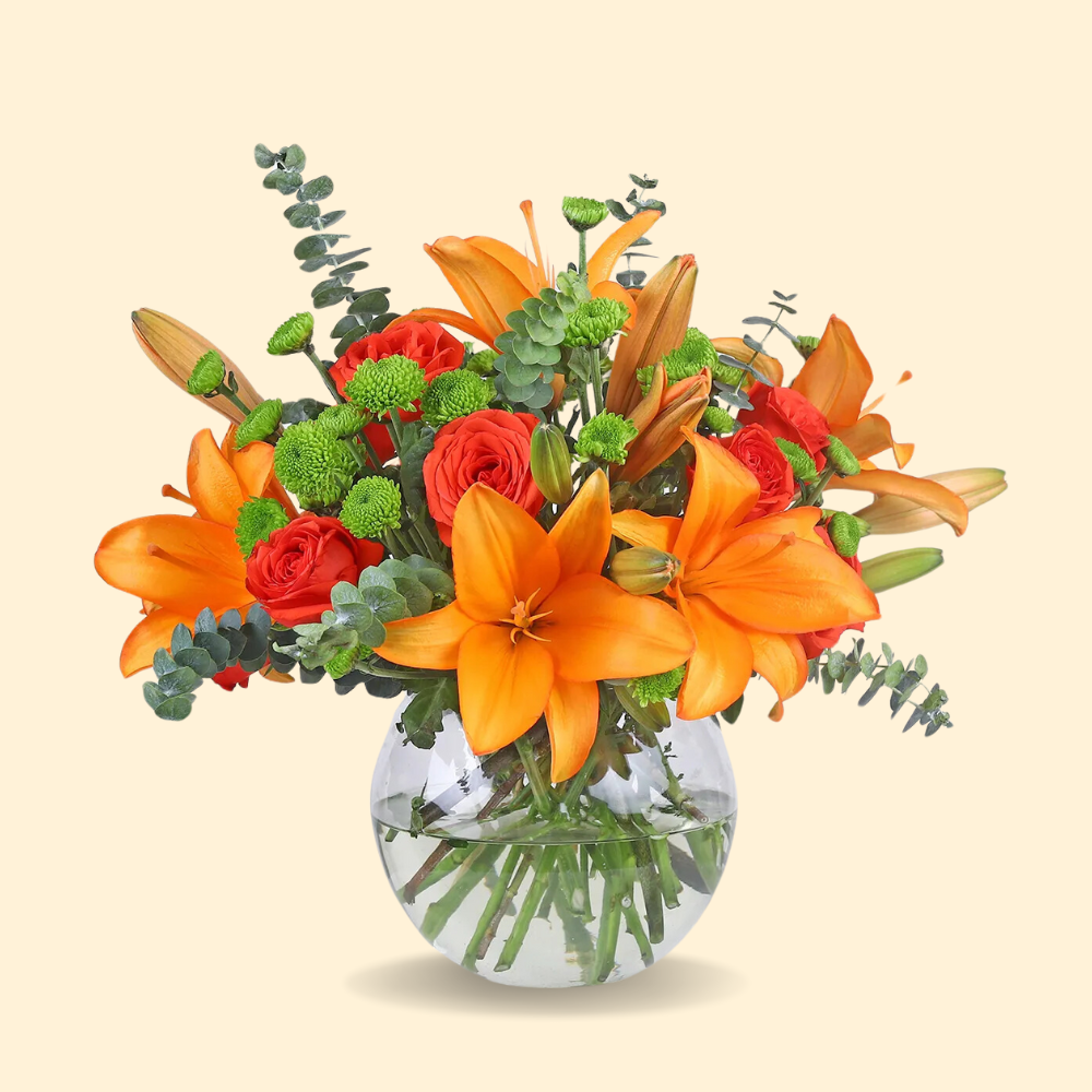 Orange Lilies and Roses Bouquet in Glass Vase
