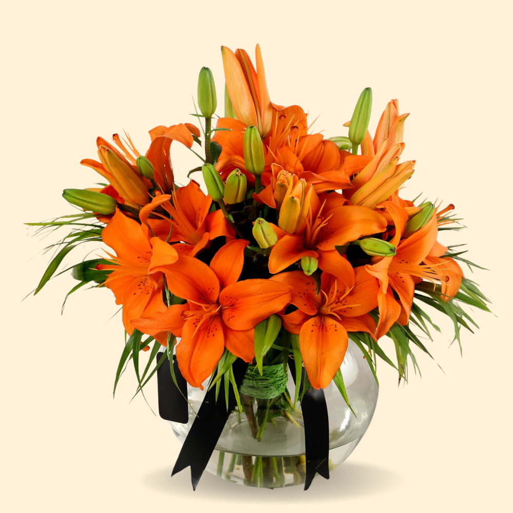 Orange Lily Bouquet in Glass Vase – 10 Stems