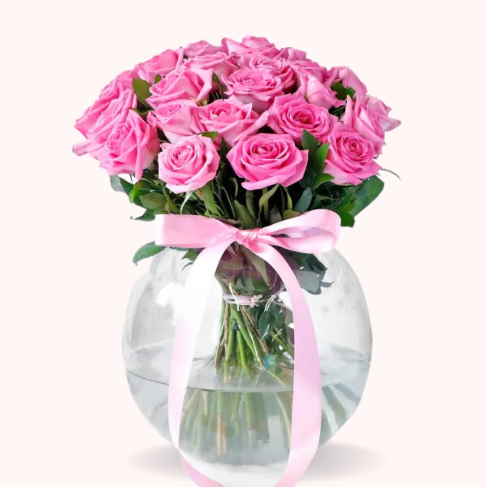 Bouquet of 20 Pink Roses in Glass Vase