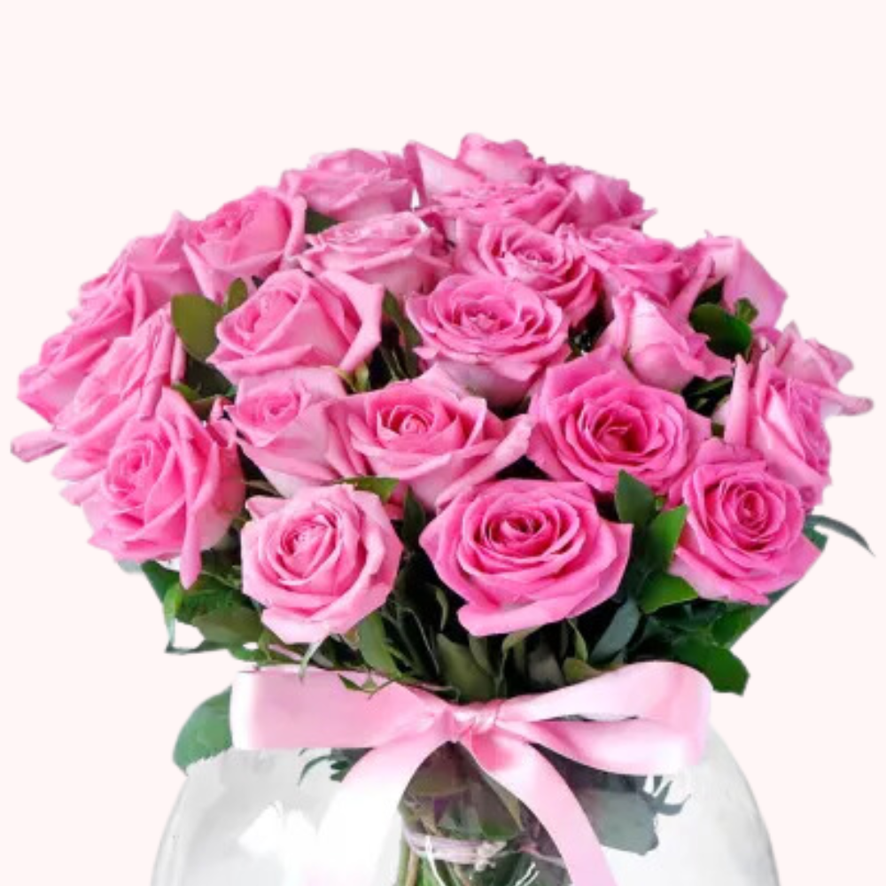 Bouquet of 20 Pink Roses in Glass Vase