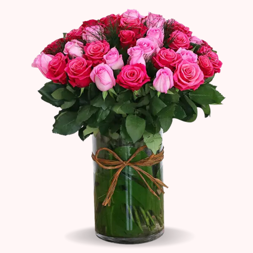 Hot pink Rose Bouquet in Glass Vase – 40 Roses