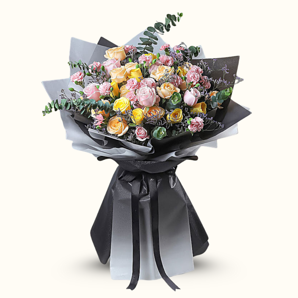 Hand-Tied Peach, Pink, Yellow Roses Bouquet
