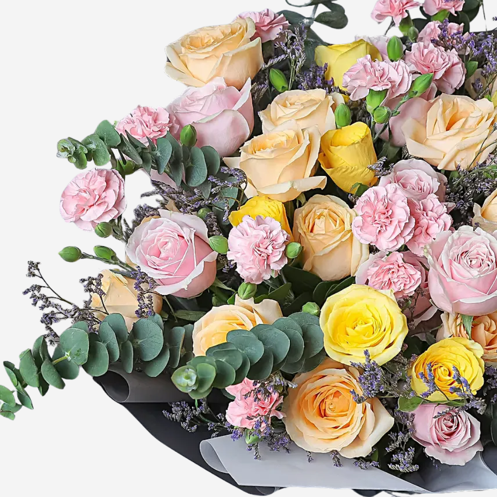 Hand-Tied Peach, Pink, Yellow Roses Bouquet
